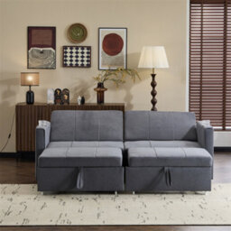 Abrihome King Size Fabric Sofa Bed (207Cm), Pull-Out Design With Cup Holders & Side Pockets, Multi-Functional Lounge Chair, Grey - thumbnail 8