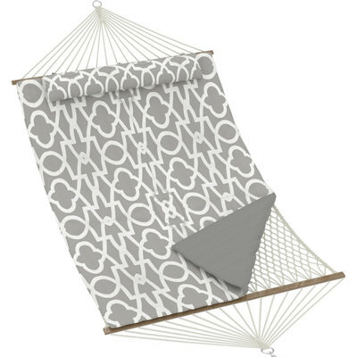 Hammock Bed 350Cm Wooden Spreader Bars Rope Net Padded Mat Gray Stripe - image 1