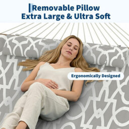 Hammock Bed 350Cm Wooden Spreader Bars Rope Net Padded Mat Gray Stripe - thumbnail 4