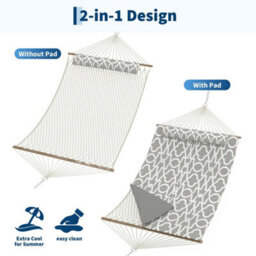 Hammock Bed 350Cm Wooden Spreader Bars Rope Net Padded Mat Gray Stripe - thumbnail 3