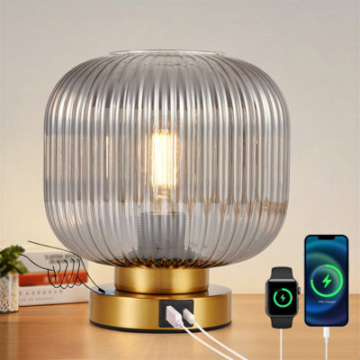 Harper Living Table Lamp With Usb-C & Usb-A Charging Ports, Touch Control Dimmable E27 Desk Lamp, Smoked Glass Shade - image 1