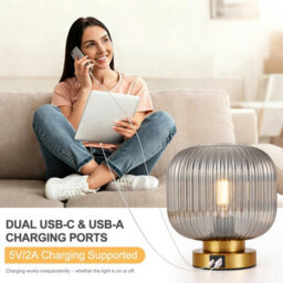 Harper Living Table Lamp With Usb-C & Usb-A Charging Ports, Touch Control Dimmable E27 Desk Lamp, Smoked Glass Shade - thumbnail 5