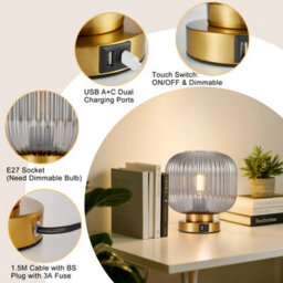 Harper Living Table Lamp With Usb-C & Usb-A Charging Ports, Touch Control Dimmable E27 Desk Lamp, Smoked Glass Shade - thumbnail 4