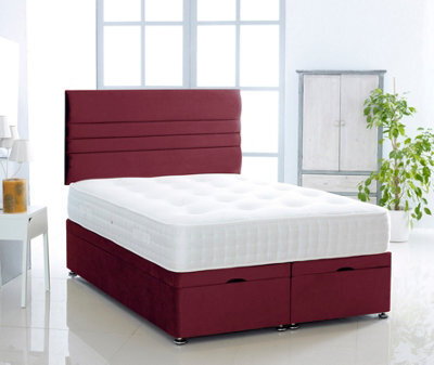 Comfy Deluxe Burgundy Plush Foot Lift Ottoman Bed With Memory Spring Mattress And   Horizontal  Headboard 5.0Ft King Size - image 1