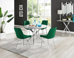 Furniturebox Uk Novara Grey Concrete Effect 120Cm Round Dining Table & 4 Green Pesaro Silver Chairs