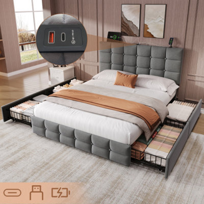 4Ft6 Double Upholstered Bed With 4 Storage Drawers, Velvet Bed Frame With Charging Station, Grey (No Mattress) - image 1