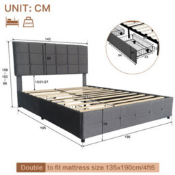 4Ft6 Double Upholstered Bed With 4 Storage Drawers, Velvet Bed Frame With Charging Station, Grey (No Mattress) - thumbnail 2