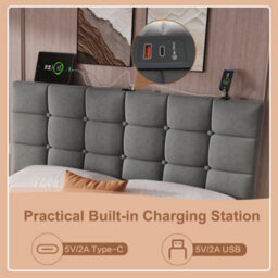 4Ft6 Double Upholstered Bed With 4 Storage Drawers, Velvet Bed Frame With Charging Station, Grey (No Mattress) - thumbnail 4