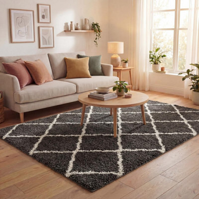The Rugs Moroccan Shaggy Rugs And Runners Soft High Pile Dark Grey And Ivory Living Room Kitchen Hallway 740 - image 1
