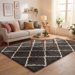 The Rugs Moroccan Shaggy Rugs And Runners Soft  High Pile Dark Grey And Ivory Living Room Kitchen Hallway 740 - thumbnail 1