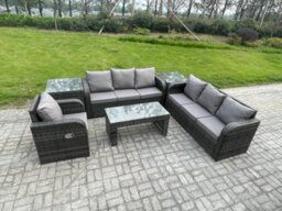 Fimous Wicker Pe Rattan Sofa Set 7 Seater Outdoor Patio Garden Furniture Set With 2 Side Tables Reclining Chairs Coffee Table - thumbnail 2