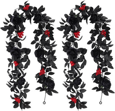 Pack Of 2 Black Halloween Garland - 5.9Ft Artificial Hanging Leaf & Rose Vine For Indoor Outdoor Wall & Party Fall Decor - image 1