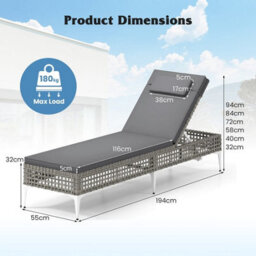 Gainoom Outdoor Patio Chaise Grey Lounge Chair Pe Wicker Reclining Sun Lounger - thumbnail 2