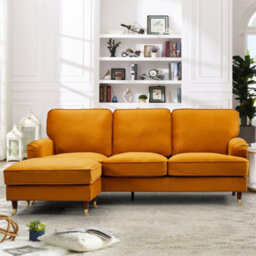 Woodbury 218Cm Reversible Orange Velvet Fabric Corner Sofa Walnut Colour Legs With Brass Coloured Wheel
