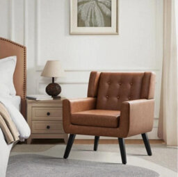 Button Tufted Armchair With Solid Wood Legs For Living Room Office, Retro Brown - thumbnail 4