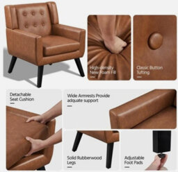 Button Tufted Armchair With Solid Wood Legs For Living Room Office, Retro Brown - thumbnail 5