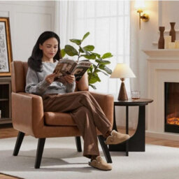 Button Tufted Armchair With Solid Wood Legs For Living Room Office, Retro Brown - thumbnail 3