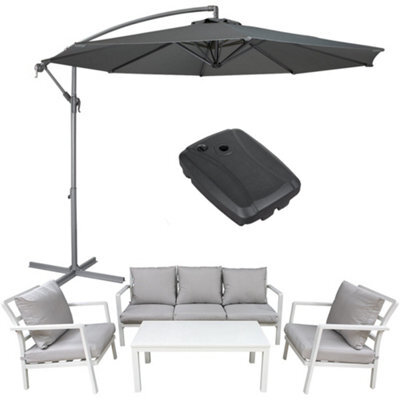 Loops Premium 5 Seater Garden Coffee Table & Parasol Set White Aluminium Sofa Cushions - image 1