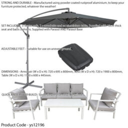 Loops Premium 5 Seater Garden Coffee Table & Parasol Set White Aluminium Sofa Cushions - thumbnail 2