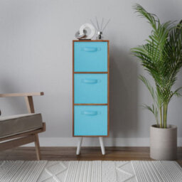 Urbn-Living Urbnliving 80Cm Height 3 Tier Teak Wooden Storage Bookcase Scandinavian Style White Legs With Sky Blue Inserts - thumbnail 3