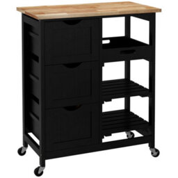 Wyld Haus Tovafi Compact Black Rolling Kitchen Island With Wood Top, Shelves And Drawers