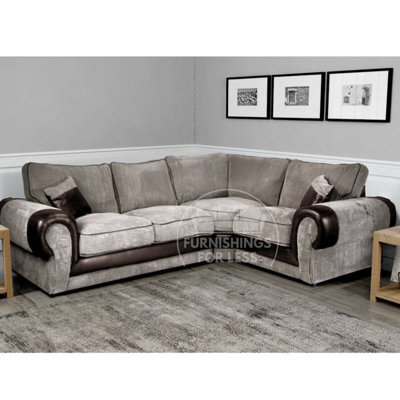 Furnishings For Less UK Large Portland Brown And Beige Fabric And Leather 4 Seater L Shaped Corner Sofa Roll Arm Fullback Right Hand Facing
