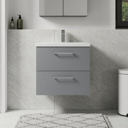 Balterley Bramshall Modern Bathroom Wall Hung 2 Soft Close Drawer Vanity Unit & Mid-Edge Basin, Satin Grey, 610mm - thumbnail 2