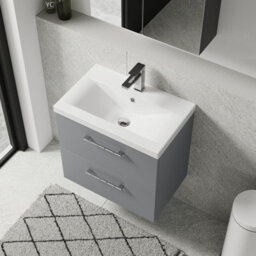 Balterley Bramshall Modern Bathroom Wall Hung 2 Soft Close Drawer Vanity Unit & Mid-Edge Basin, Satin Grey, 610mm - thumbnail 3