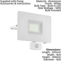 Ip44 Outdoor Flood Light With Pir Sensor - 50W Led In White Aluminium - thumbnail 2