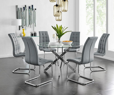 Furniturebox Uk Novara Chrome Metal And Glass Large Round Dining Table And 6 Elephant Grey Murano Chairs Set - image 1