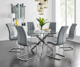 Furniturebox Uk Novara Chrome Metal And Glass Large Round Dining Table And 6 Elephant Grey Murano Chairs Set - thumbnail 1