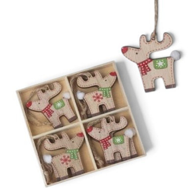 Heaven Sends Christmas Set Of 8 Wooden Reindeer Hanging Tree Decorations, 5.5 X 5.5 Cm Each, Includes Wooden Gift Box