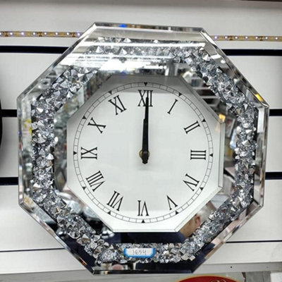 Biznest 35 X 35Cm Crushed Crystal Diamond Filled Mirrored Wall Clock Octagon Shape Roman Numbers