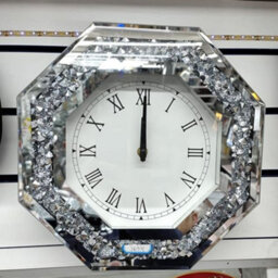Biznest 35 X 35Cm Crushed Crystal Diamond Filled Mirrored Wall Clock Octagon Shape Roman Numbers