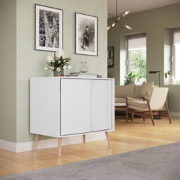 Urbn-Living Urbnliving 2-Door Sliding Chest Cabinet Sideboard White Carcass Closet Storage Cupboard Organiser With Beech Legs - thumbnail 3