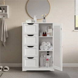 Bathroom Floor Cabinet Wooden Storage Unit 4 Drawers 1 Door White - thumbnail 3