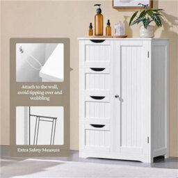 Bathroom Floor Cabinet Wooden Storage Unit 4 Drawers 1 Door White - thumbnail 4