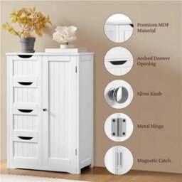 Bathroom Floor Cabinet Wooden Storage Unit 4 Drawers 1 Door White - thumbnail 5