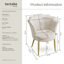 Tectake 1 Armchair Stella - Faux Fur Or Velvet, Thick Padding, 67X64X76Cm  - Velvet Look Cream/gold - thumbnail 6