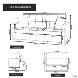 SquareBoxx Osaka Button Tuffted Linen 3 Seater Sofa Bed Light Grey - thumbnail 7