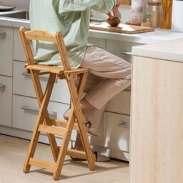 Wooden Folding Bar Stool Bamboo Kitchen Counter Height Stools With Backrest New - thumbnail 4