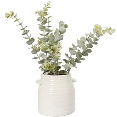 Biznest Artificial Plastic Eucalyptus In White Ceramic Ribbed Pattern Pot Arrangement Realistic Accent Faux Green Home Plant 40Cm - image 1