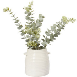 Biznest Artificial Plastic Eucalyptus In White Ceramic Ribbed Pattern Pot Arrangement Realistic Accent Faux Green Home Plant 40Cm