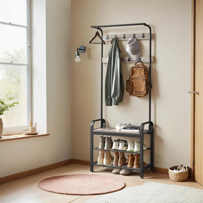 Ledrem Coat Rack, Coat Stand With Shoe Storage Bench, With 9 Removable Hooks, For Hallway, 34 X 72 X 183 Cm, Industrial - image 1