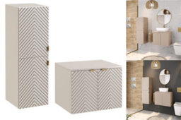 Impact Furniture Bathroom Furniture Set Wall Hung Vanity Unit With 600mm Worktop And Tallboy Tall Cabinet Cashmere Beige Ribbed Fluted Cara