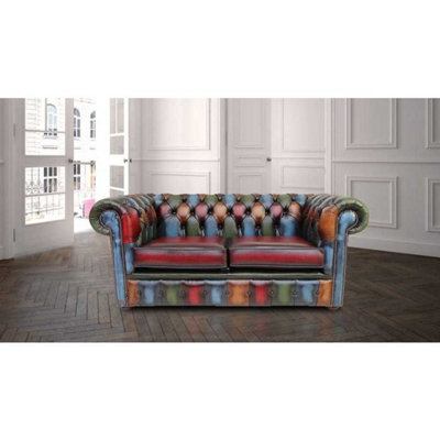 Chesterfield 2 Seater Patchwork Antique Leather Sofa Settee Bespoke In Classic Style - image 1