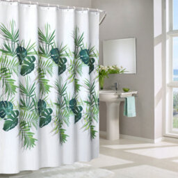 Neel Blue Palm Leaf Polyester Shower Curtain, Water-Resistant Bathroom Curtain With 12 Hooks - 180X200Cm - thumbnail 2