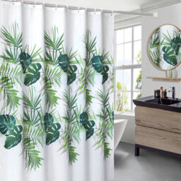 Neel Blue Palm Leaf Polyester Shower Curtain, Water-Resistant Bathroom Curtain With 12 Hooks - 180X200Cm