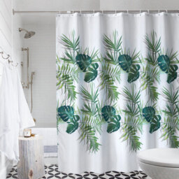 Neel Blue Palm Leaf Polyester Shower Curtain, Water-Resistant Bathroom Curtain With 12 Hooks - 180X200Cm - thumbnail 3