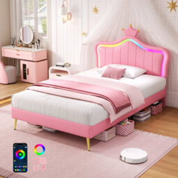 Btm Upholstered Bed, 4Ft6 Double Bed 135X190Cm, Bedside Reading Light, Includes Bedside Table, Velvet Plywood, Beige - thumbnail 1